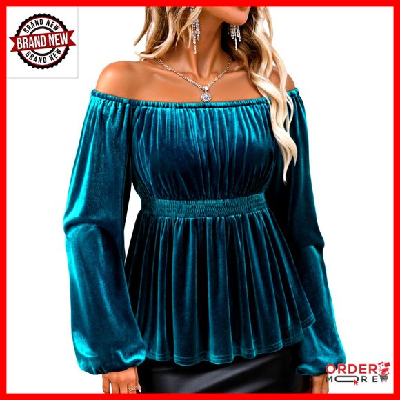 Tops - Velvet Off Shoulder Long Sleeve Peplum Blouse Elegant Evening Party Top